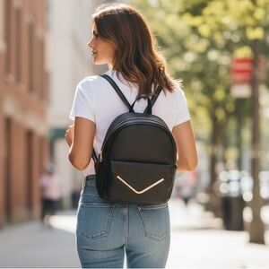 NEW• MODERN VEGAN BLACK LEATHER FULL SIZE BACKPACK